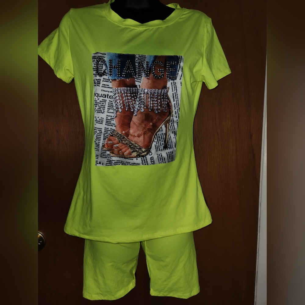 Neon Green Rhinestone Graphic T-Shirt and Shorts Set